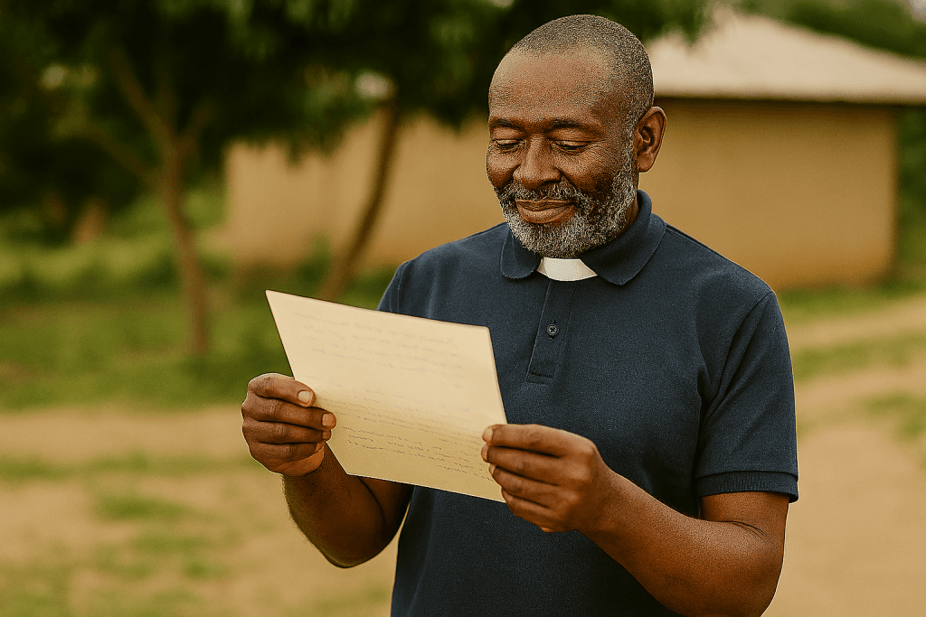 A pastor reading a handwritten letter outdoors.