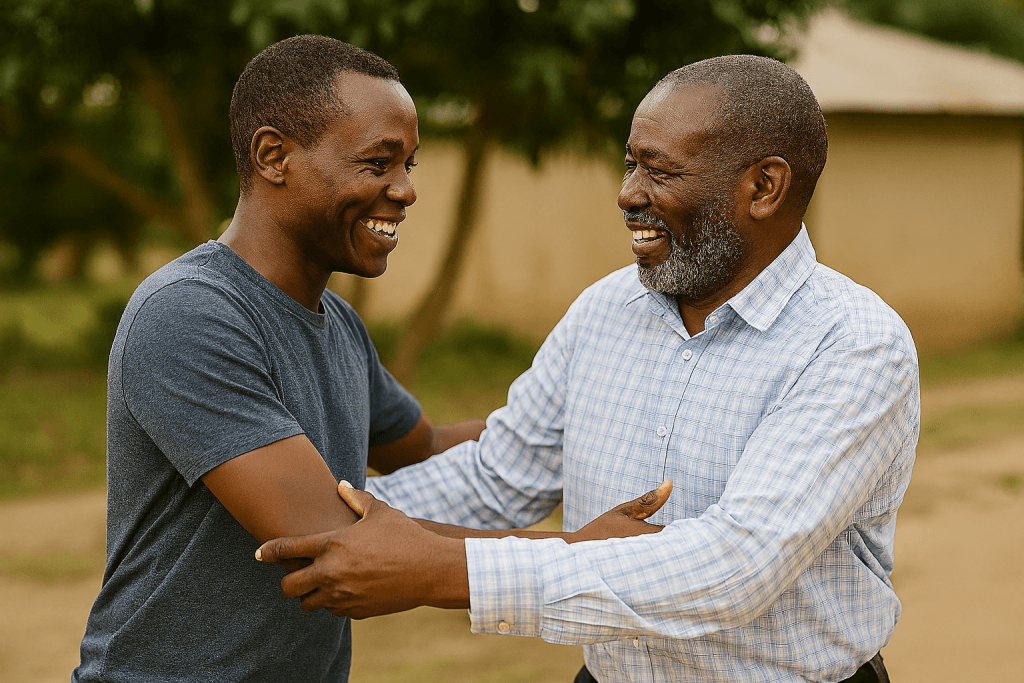 A pastor warmly greeting another man outdoors.