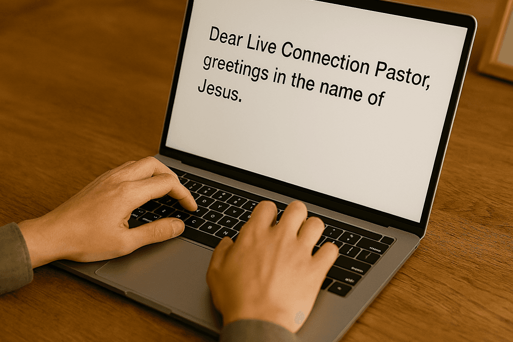 Hands typing a letter to a Live Connection pastor on a laptop.